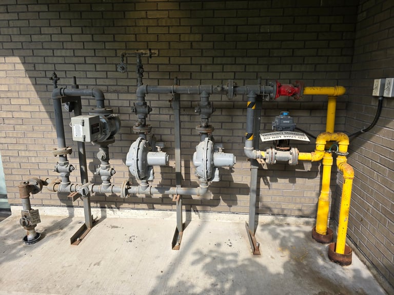 Commercial natural gas infrastructure with pressure regulators and safety compliance equipment